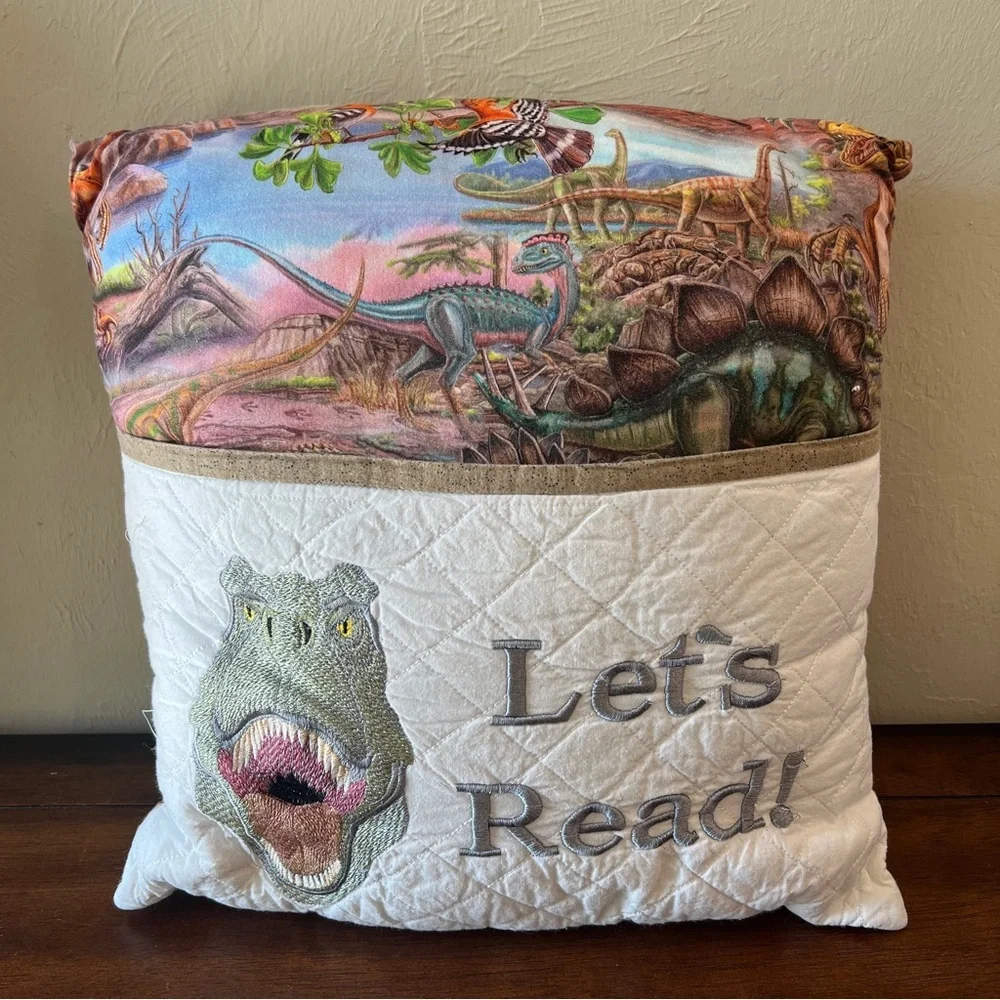 Lets Read Dinosaur Pillow Decorative Kids Decor Throw Accent Embroidered 13
